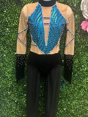 Custom Women's Blue and Nude Crystal Embellished Performance Unitard